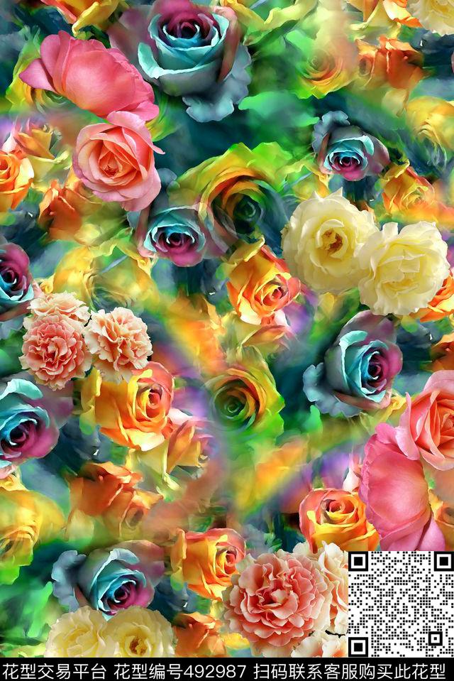 多彩花卉玫瑰数码印花华亿平台下载（图片编号: 492987） - 瓦栏（Walan）