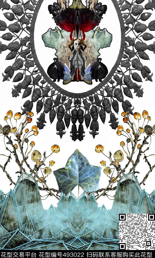 复古抽象编织相框树枝花数码印花华亿平台下载（图片编号: 493022） - 瓦栏（Walan）