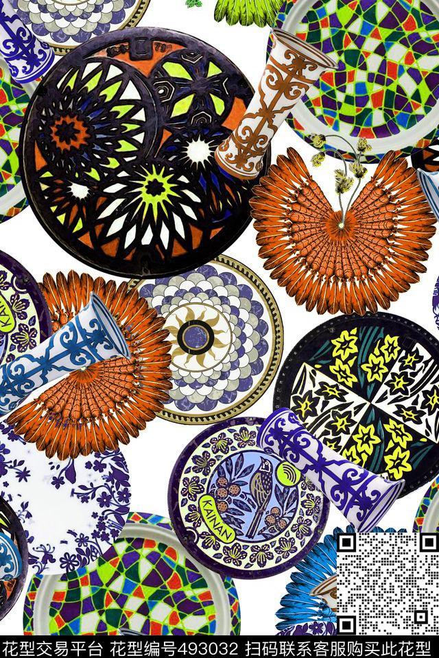 圆形中国风青花瓷数码印花华亿平台下载（图片编号: 493032） - 瓦栏（Walan）