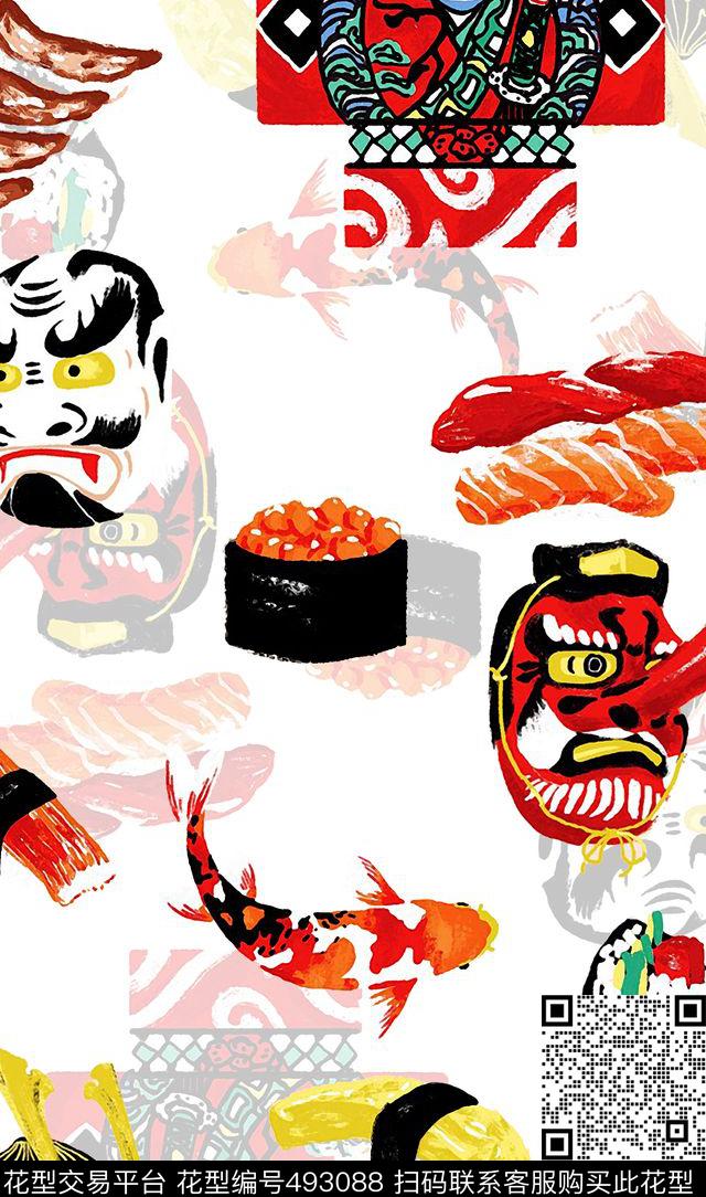 脸谱趣味寿司数码印花华亿平台下载（图片编号: 493088） - 瓦栏（Walan）