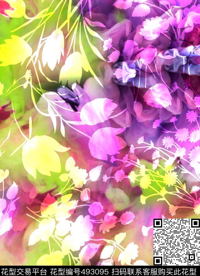 流行时尚欧美叶子花梦幻底纹数码印花华亿平台下载（图片编号: 493095） - 瓦栏（Walan）