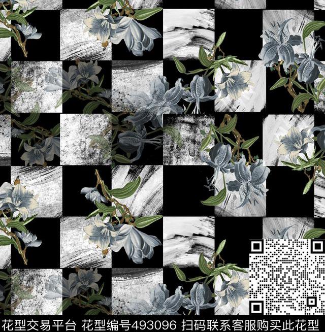 潮流时尚几何方格纹理手绘花卉数码印花华亿平台下载（图片编号: 493096） - 瓦栏（Walan）