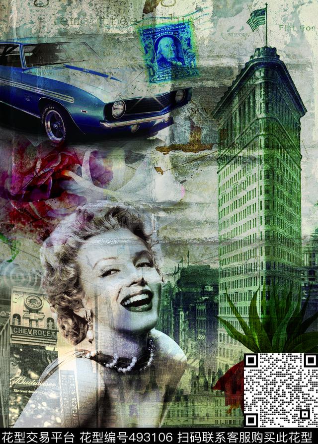 欧美复古建筑海报梦露定位男装数码印花华亿平台下载（图片编号: 493106） - 瓦栏（Walan）