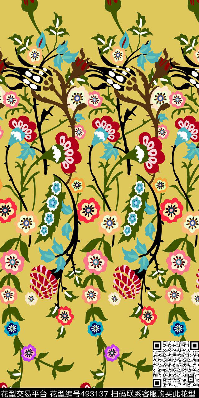 定位花卉手绘数码印花华亿平台下载（图片编号: 493137） - 瓦栏（Walan）