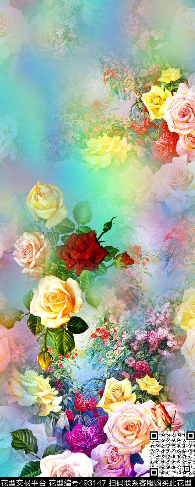 时尚玫瑰花花卉数码印花华亿平台下载（图片编号: 493147） - 瓦栏（Walan）
