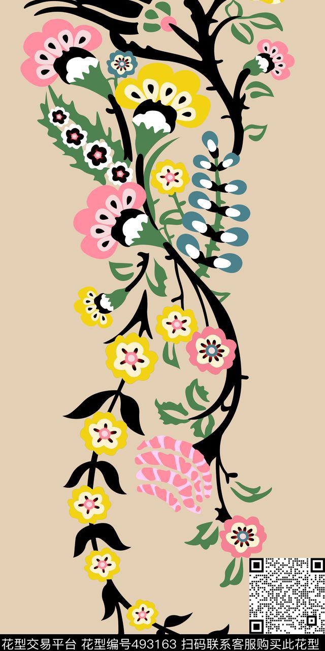 定位时装手绘花传统印花华亿平台下载（图片编号: 493163） - 瓦栏（Walan）
