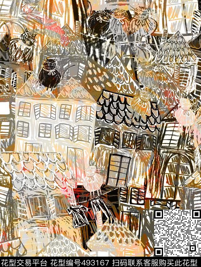 仿古房子色彩抽象数码印花华亿平台下载（图片编号: 493167） - 瓦栏（Walan）