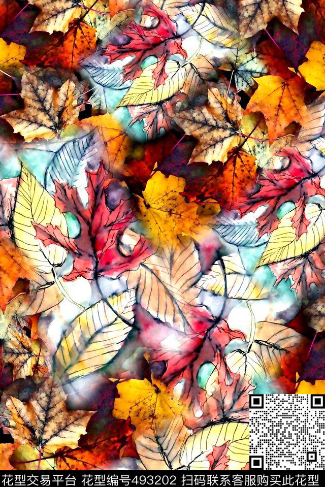 水彩水墨树叶数码印花华亿平台下载（图片编号: 493202） - 瓦栏（Walan）