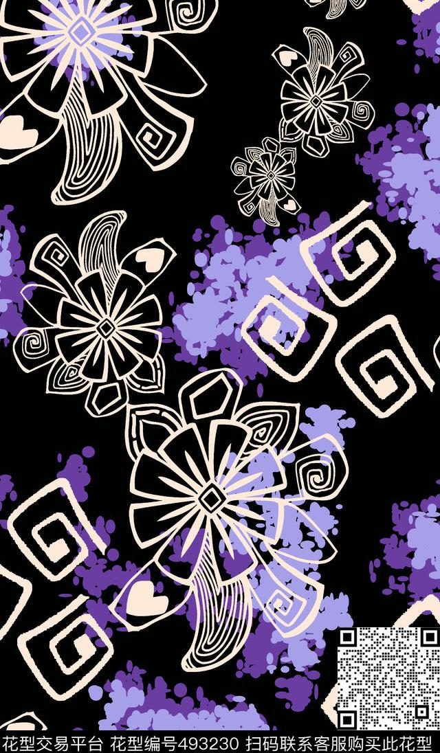 抽象花卉四方格传统印花华亿平台下载（图片编号: 493230） - 瓦栏（Walan）