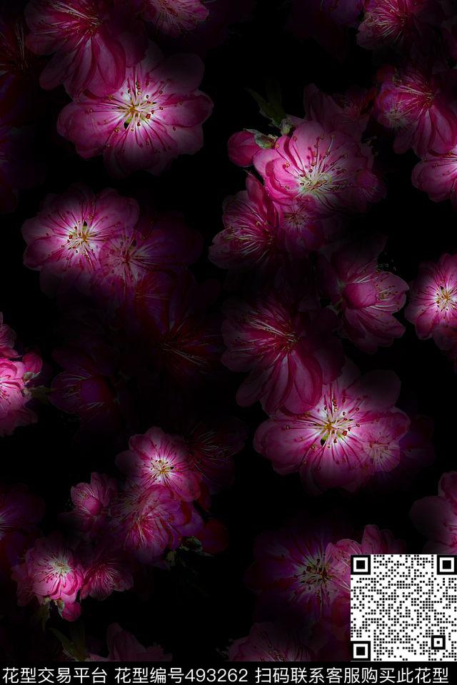 花卉桃花黑底数码印花华亿平台下载（图片编号: 493262） - 瓦栏（Walan）