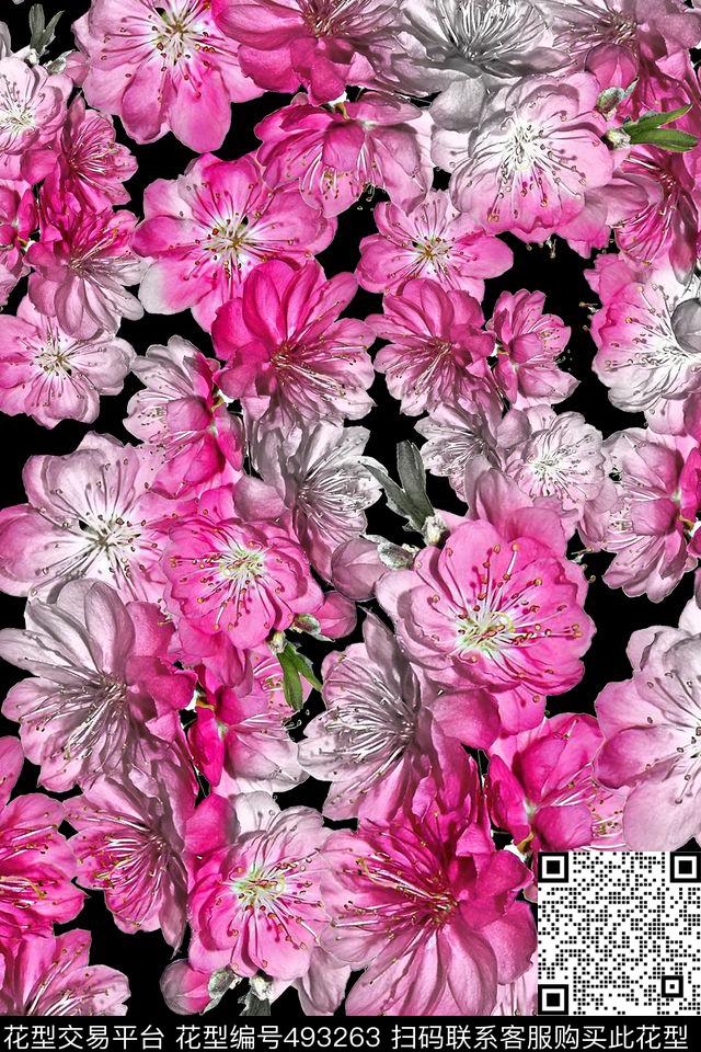花卉桃花黑底数码印花华亿平台下载（图片编号: 493263） - 瓦栏（Walan）