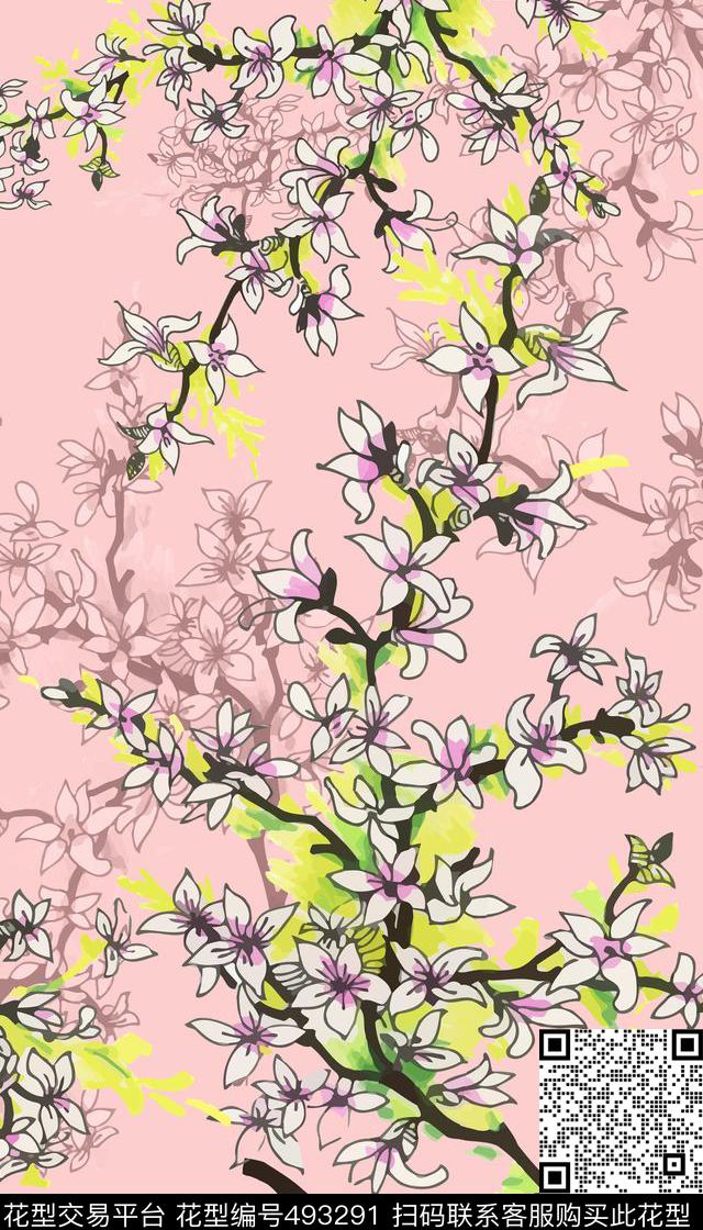 清新淡雅定位花枝数码印花华亿平台下载（图片编号: 493291） - 瓦栏（Walan）