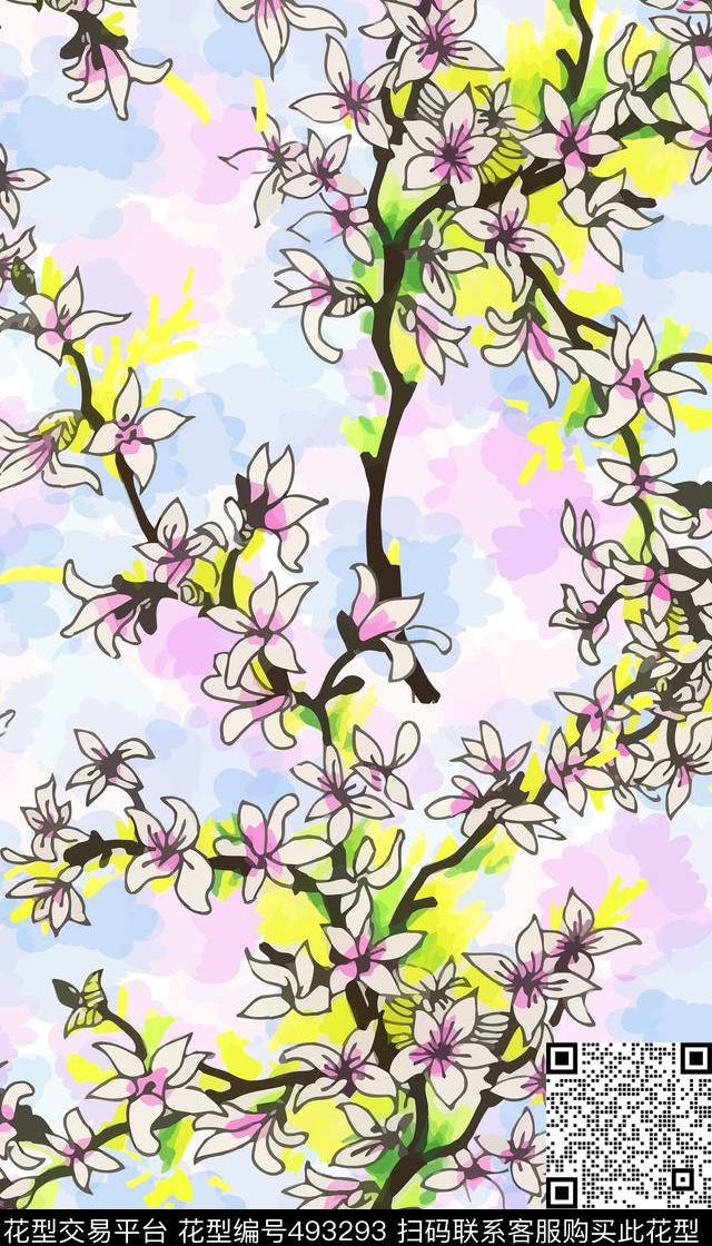 清新淡雅定位花枝数码印花华亿平台下载（图片编号: 493293） - 瓦栏（Walan）