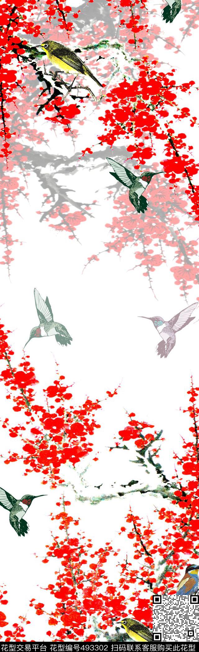 中国风梅花鸟数码印花华亿平台下载（图片编号: 493302） - 瓦栏（Walan）