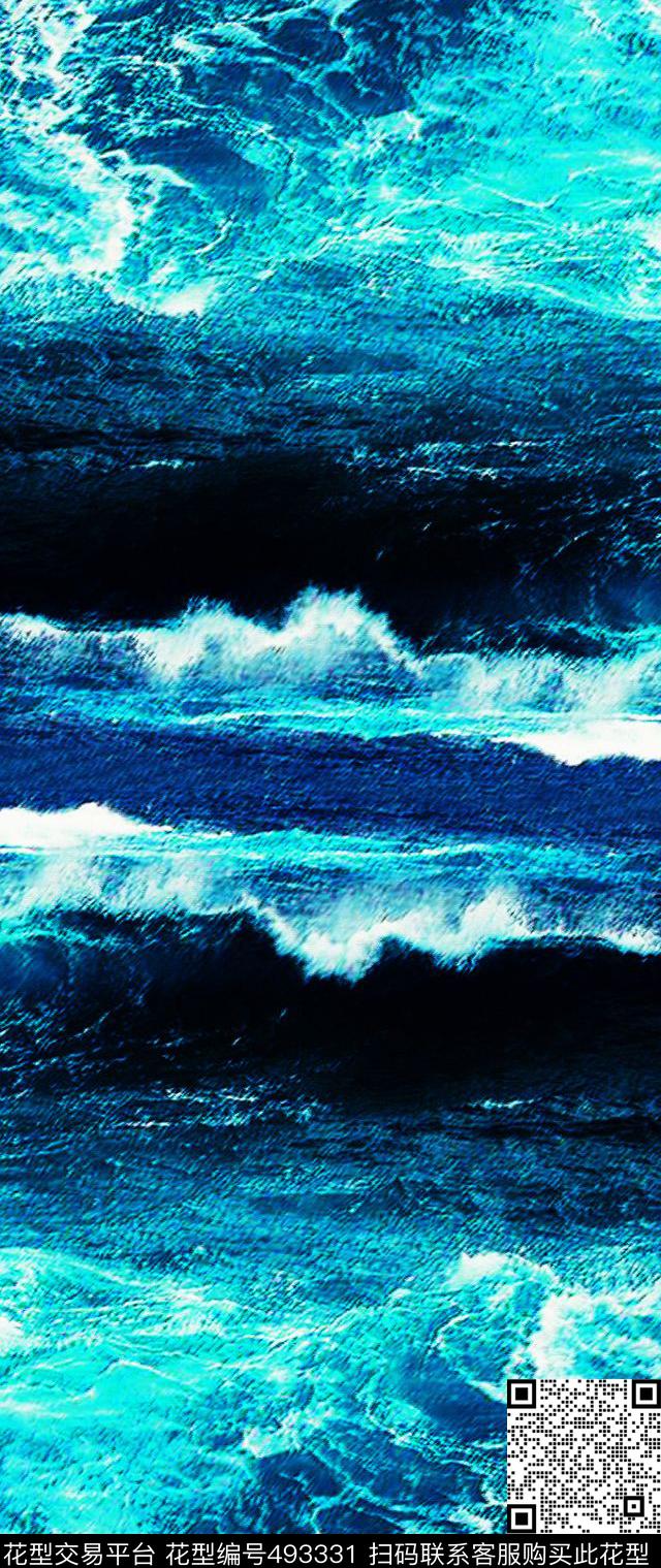 定位对称丝巾水彩大海波浪时尚流行新潮数码印花华亿平台下载（图片编号: 493331） - 瓦栏（Walan）