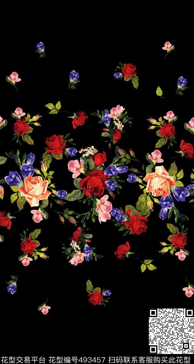 玫瑰花卉高贵手绘抽象定位散花欧美手绘抽象定位素雅高贵民族越南花卉旗袍H【抽象】数码印花华亿平台下载（图片编号: 493457） - 瓦栏（Walan）