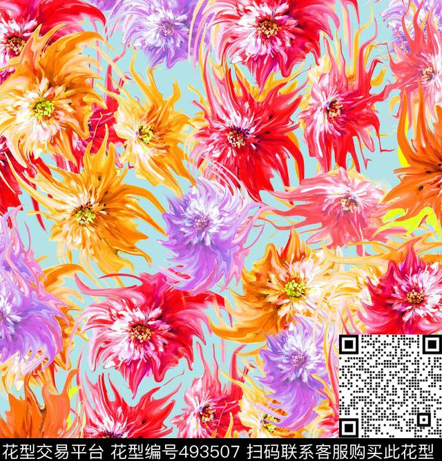 潮流时尚花卉时尚水彩数码印花华亿平台下载（图片编号: 493507） - 瓦栏（Walan）