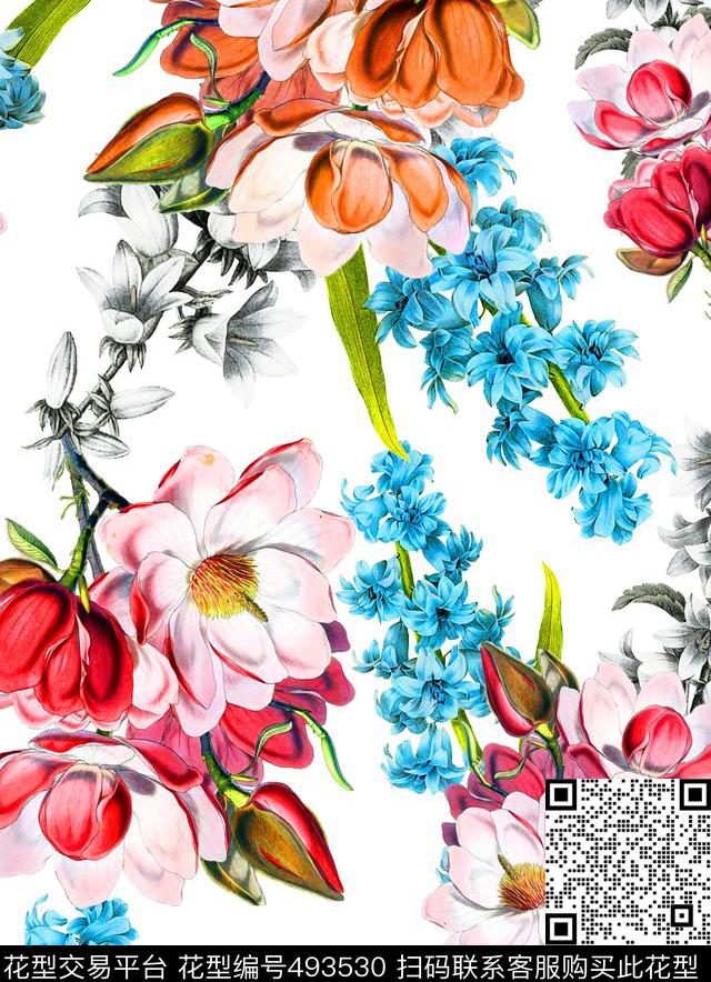 流行时尚欧美手绘花卉数码印花华亿平台下载（图片编号: 493530） - 瓦栏（Walan）