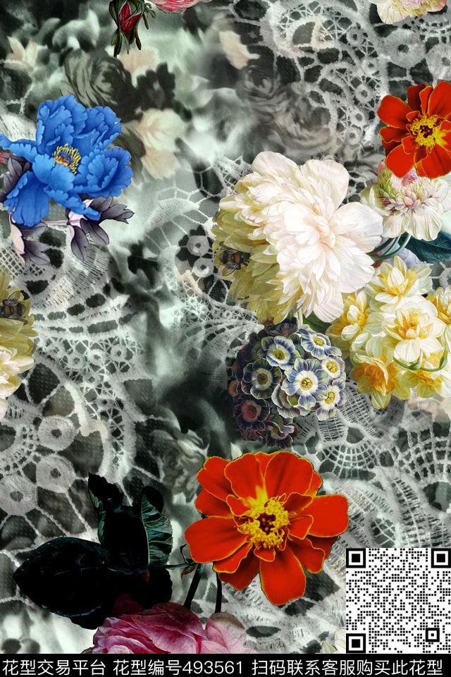 蕾丝复古油画花秋冬华亿平台数码印花华亿平台下载（图片编号: 493561） - 瓦栏（Walan）