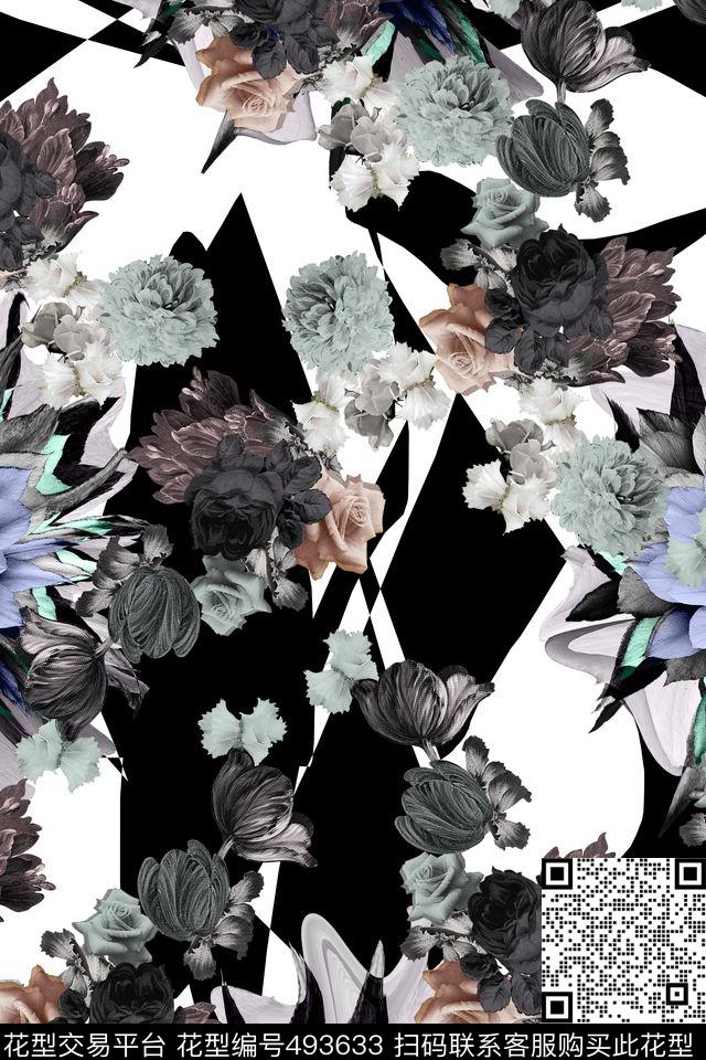 黑块花卉欧式数码印花华亿平台下载（图片编号: 493633） - 瓦栏（Walan）