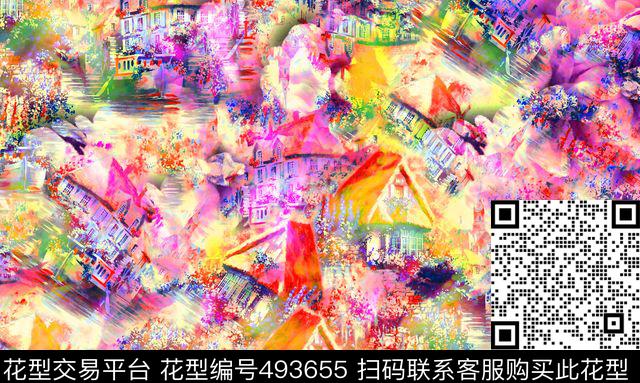 流行时尚欧美手绘幻彩城堡数码印花华亿平台下载（图片编号: 493655） - 瓦栏（Walan）