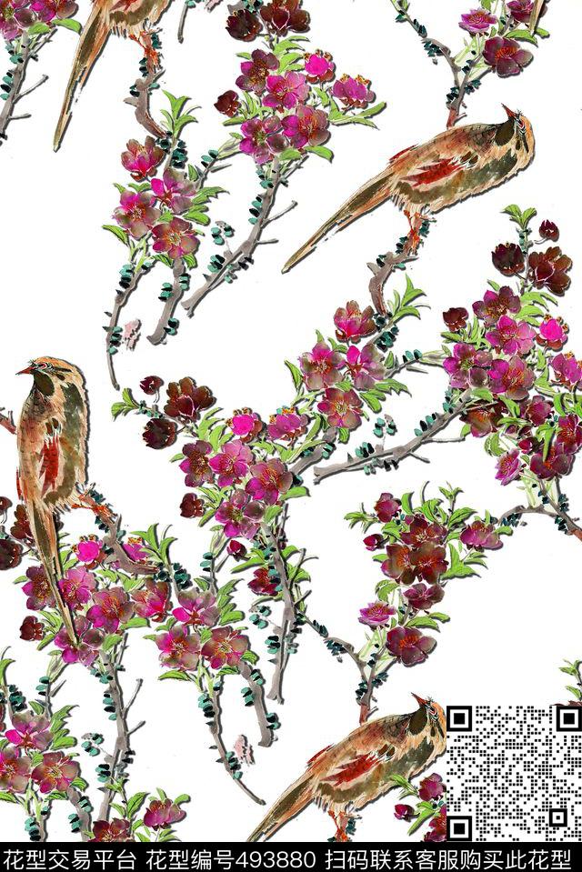时尚梅花鸟儿数码印花华亿平台下载（图片编号: 493880） - 瓦栏（Walan）
