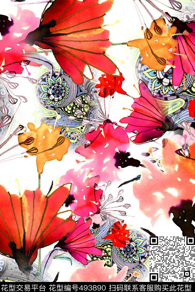 抽象水彩水墨数码印花华亿平台下载（图片编号: 493890） - 瓦栏（Walan）