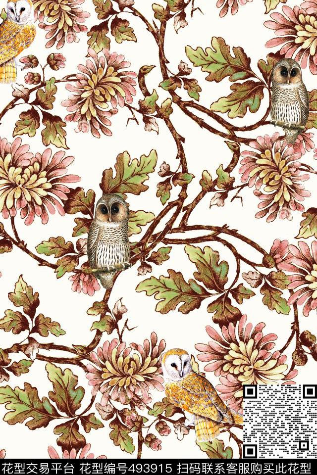 花卉猫头鹰时尚数码印花华亿平台下载（图片编号: 493915） - 瓦栏（Walan）