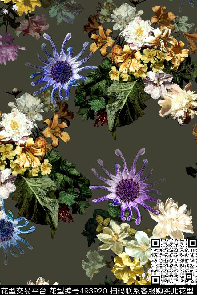 时尚手绘花卉数码印花华亿平台下载（图片编号: 493920） - 瓦栏（Walan）