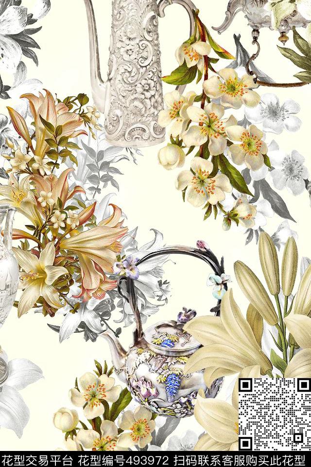 时尚茶壶花卉数码印花华亿平台下载（图片编号: 493972） - 瓦栏（Walan）