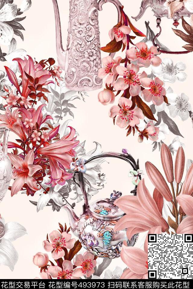 时尚茶壶花卉数码印花华亿平台下载（图片编号: 493973） - 瓦栏（Walan）