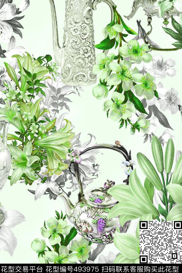 时尚茶壶花卉数码印花华亿平台下载（图片编号: 493975） - 瓦栏（Walan）