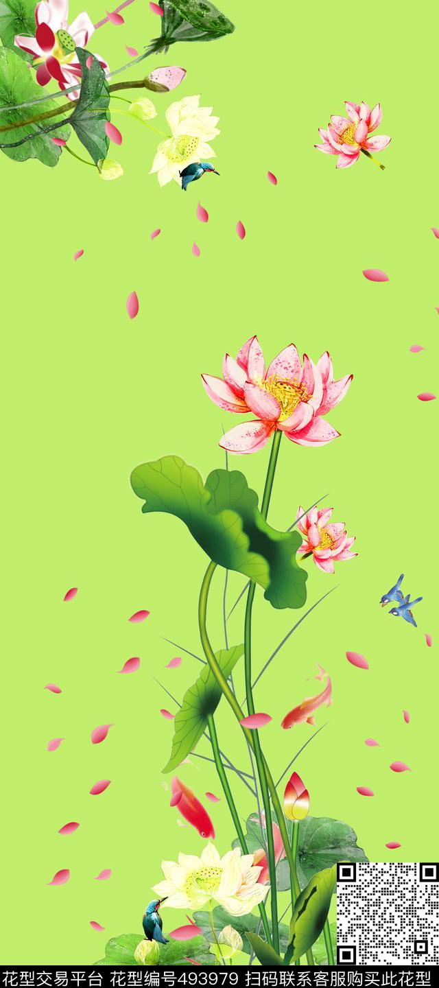 淡雅荷花鱼小鸟数码印花华亿平台下载（图片编号: 493979） - 瓦栏（Walan）