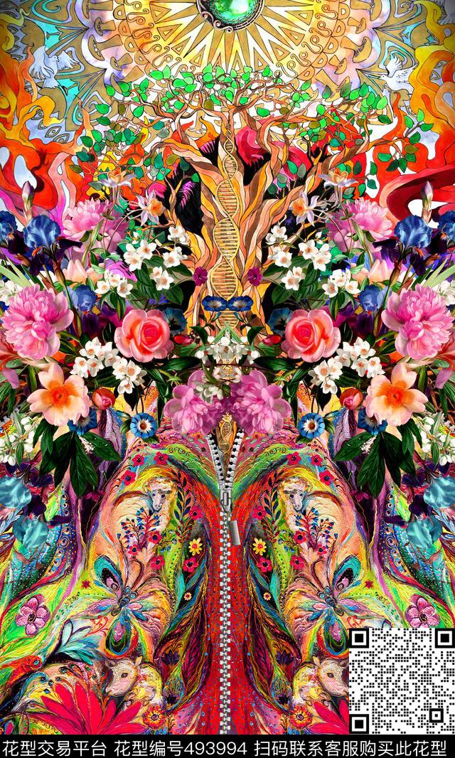 时尚花卉孔雀数码印花华亿平台下载（图片编号: 493994） - 瓦栏（Walan）