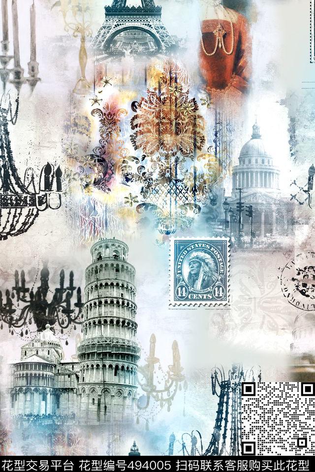 欧式建筑邮票数码印花华亿平台下载（图片编号: 494005） - 瓦栏（Walan）