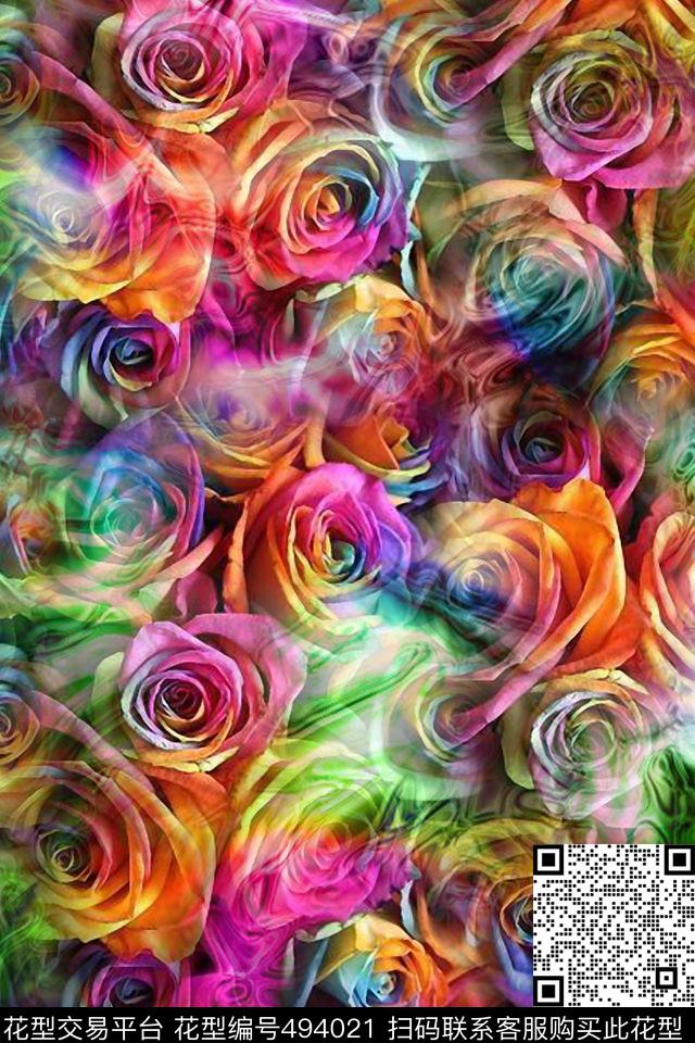 时尚花朵彩虹数码印花华亿平台下载（图片编号: 494021） - 瓦栏（Walan）