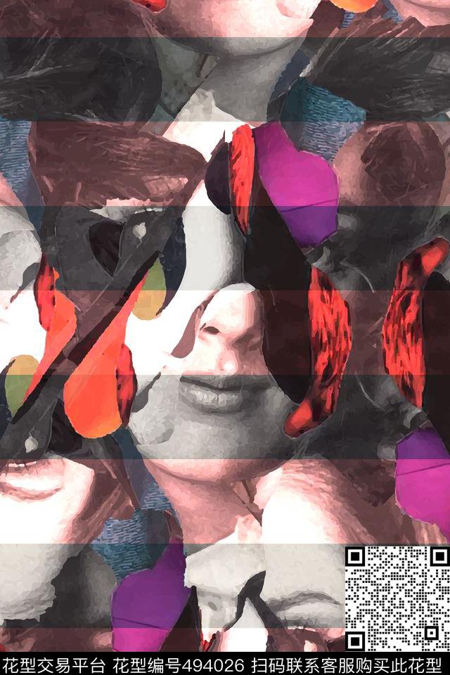 女士服装面料华亿平台欧美流行抽象水彩油画条纹人物肖像数码印花华亿平台下载（图片编号: 494026） - 瓦栏（Walan）