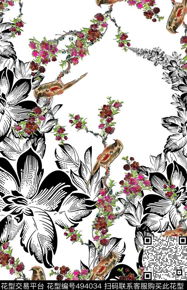 时尚花鸟定位数码印花华亿平台下载（图片编号: 494034） - 瓦栏（Walan）