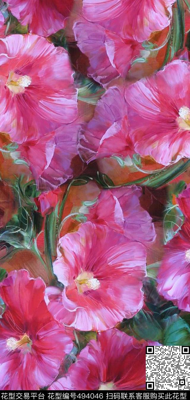 花卉潮流时尚大牌油画花卉数码印花华亿平台下载（图片编号: 494046） - 瓦栏（Walan）