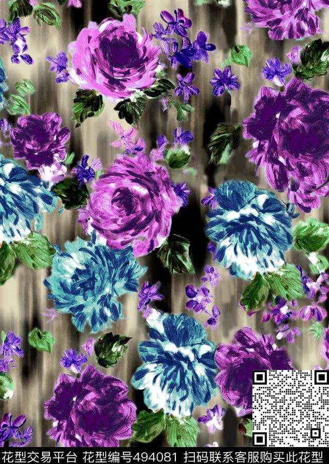 花卉时尚手绘花数码印花华亿平台下载（图片编号: 494081） - 瓦栏（Walan）