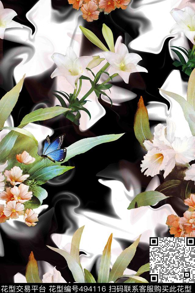 花卉晕染蝴蝶数码印花华亿平台下载（图片编号: 494116） - 瓦栏（Walan）