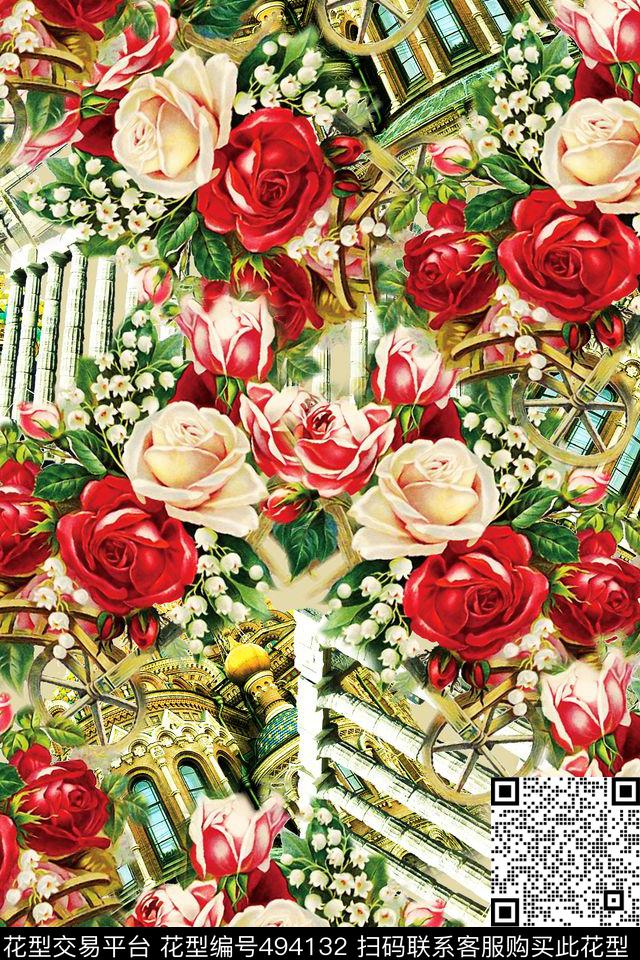 欧美手绘建筑花卉古典复古玫瑰抽象高贵典雅抽象围巾H【抽象】数码印花华亿平台下载（图片编号: 494132） - 瓦栏（Walan）
