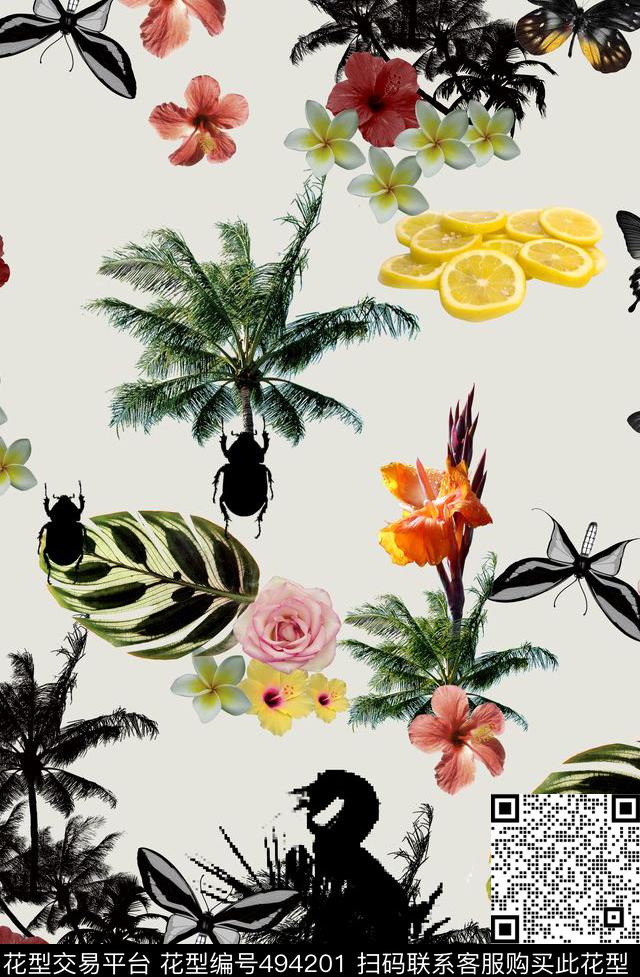 热带植物风格热带植物、椰树、蝴蝶、柠檬、扶桑、鸡蛋花花草树木数码印花华亿平台下载（图片编号: 494201） - 瓦栏（Walan）