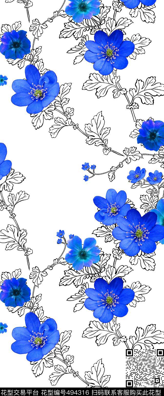 流行时尚欧美手绘枝蔓花卉数码印花华亿平台下载（图片编号: 494316） - 瓦栏（Walan）