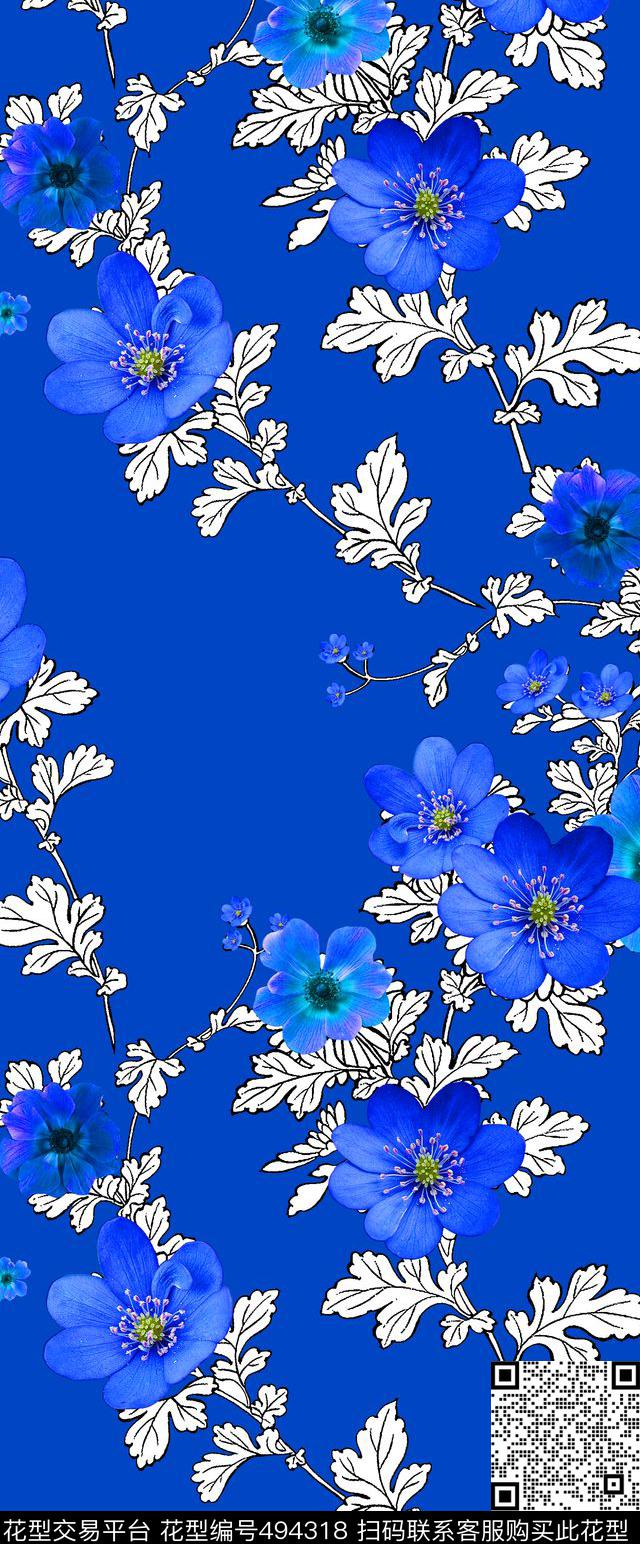 流行时尚欧美手绘枝蔓花卉数码印花华亿平台下载（图片编号: 494318） - 瓦栏（Walan）