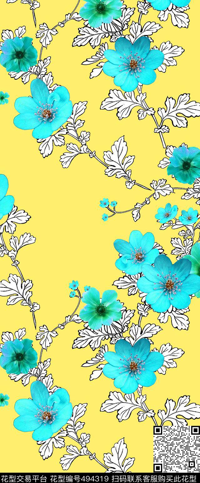 流行时尚欧美手绘枝蔓花卉数码印花华亿平台下载（图片编号: 494319） - 瓦栏（Walan）