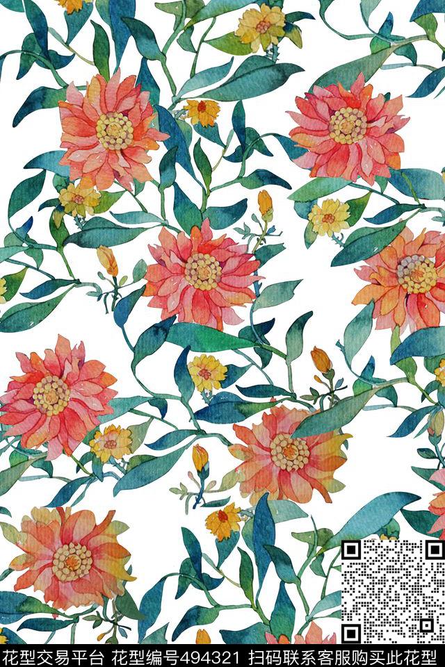 手绘风格水彩花朵田园数码印花华亿平台下载（图片编号: 494321） - 瓦栏（Walan）