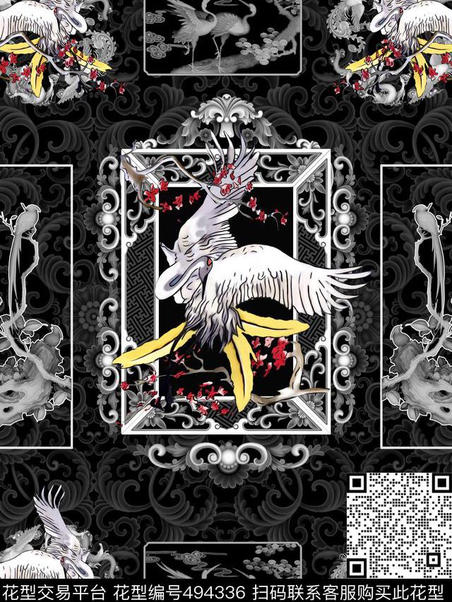 仙鹤手绘中国风数码印花华亿平台下载（图片编号: 494336） - 瓦栏（Walan）