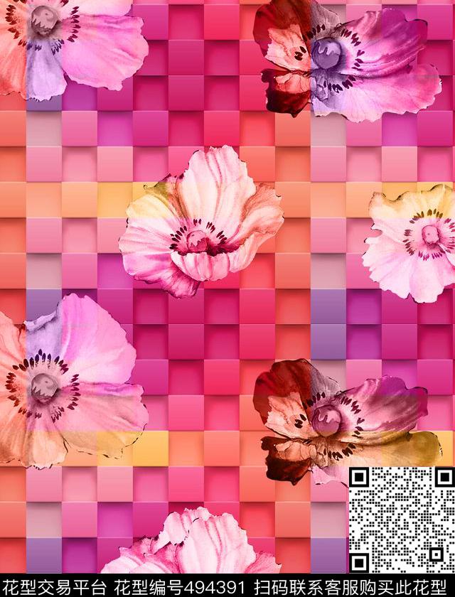 流行时尚欧美手绘彩色方块花卉数码印花华亿平台下载（图片编号: 494391） - 瓦栏（Walan）