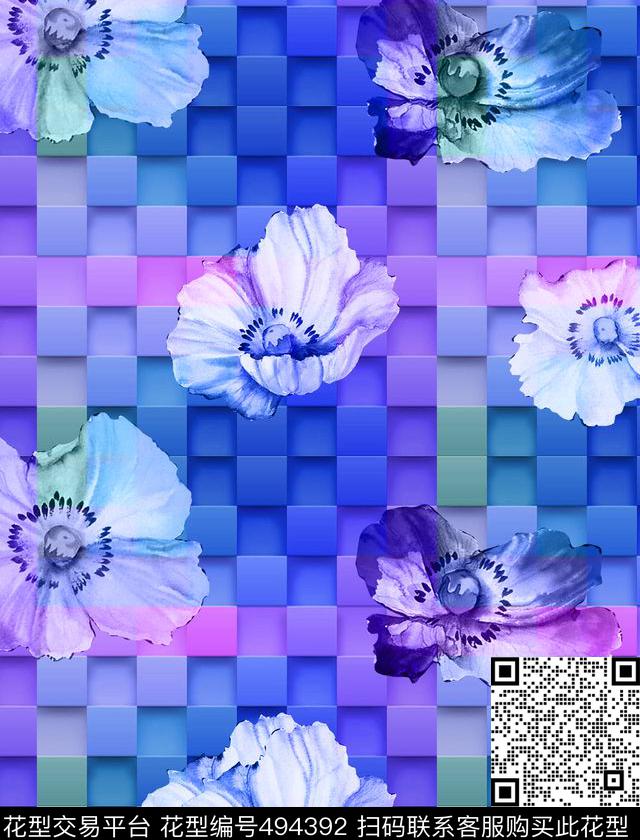 流行时尚手绘彩色方块花卉欧美数码印花华亿平台下载（图片编号: 494392） - 瓦栏（Walan）